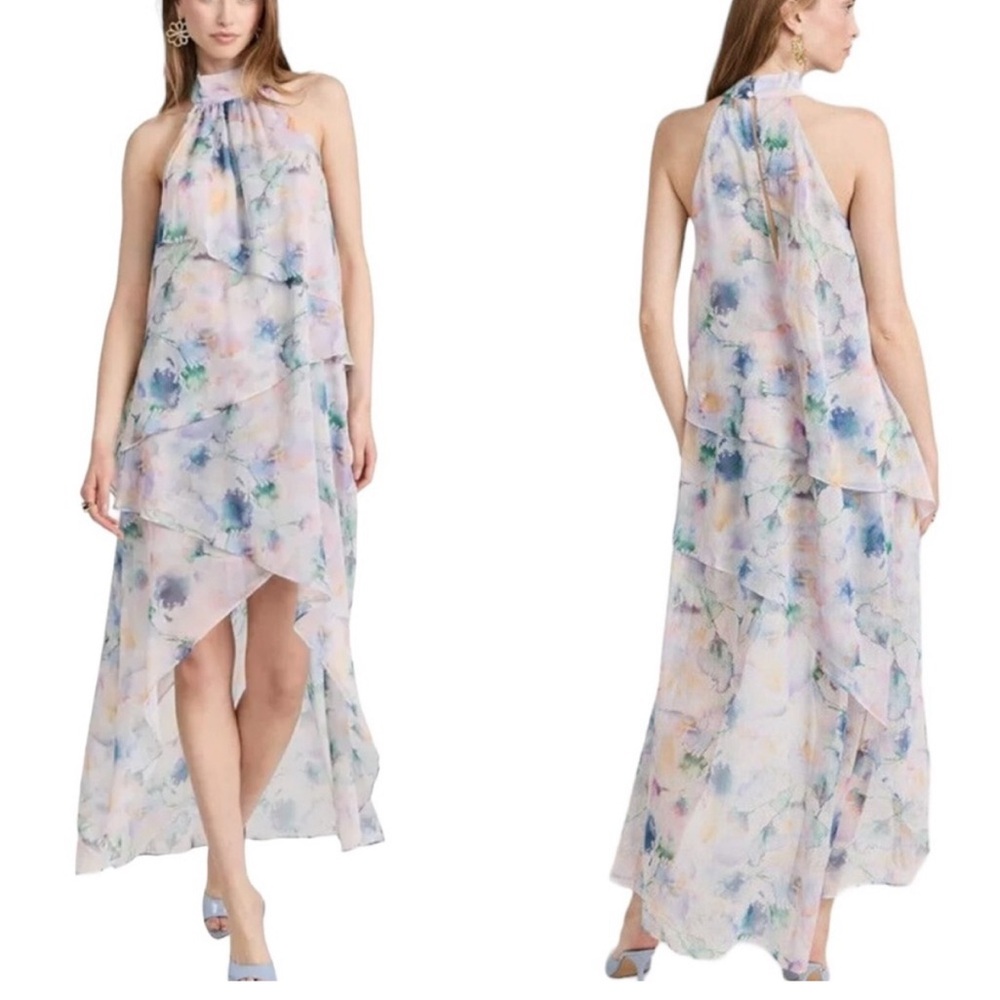 Misa Los Angeles Victorine Layered Watercolor Chiffon High Low Halter NWT